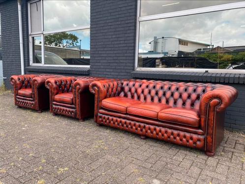 Chesterfield 3+1+1 zit zetels roodbruin GRATIS GELEVERD, Huis en Inrichting, Zetels | Voetbanken en poefs, Leer, Ophalen of Verzenden