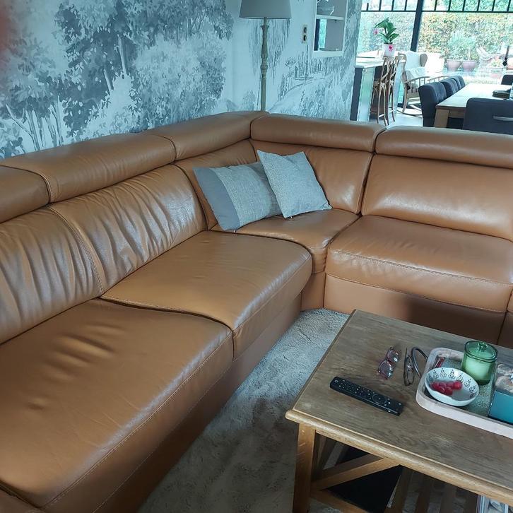 Hoeksalon in leder Camel, Huis en Inrichting, Zetels | Zetels en Chaises Longues, Gebruikt, Vierpersoons of meer, 300 cm of meer