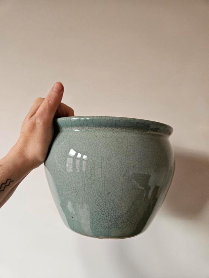 Vintage bloempot / cachepot, Huis en Inrichting, Woonaccessoires | Vazen, Zo goed als nieuw, Blauw, Minder dan 50 cm, Aardewerk of Porselein