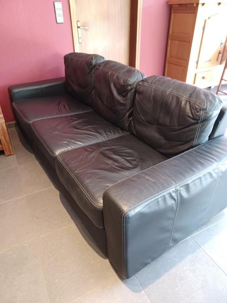 Lederen zwarte zetel, driezit, Huis en Inrichting, Zetels | Zetels en Chaises Longues, Gebruikt, Driepersoons, Leer, Ophalen