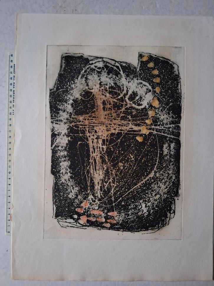 Kleurets met lyrische compositie van Jan Stroosma, Antiek en Kunst, Kunst | Etsen en Gravures, Ophalen of Verzenden