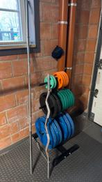 Fitness set: 235 kg gewichten + stand + 2 baren, Sport en Fitness, Ophalen, Gebruikt