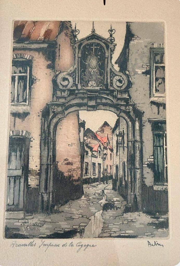 Ets Bruxelles, l’impasse de la Cigongne 1955, Antiek en Kunst, Kunst | Etsen en Gravures, Ophalen of Verzenden
