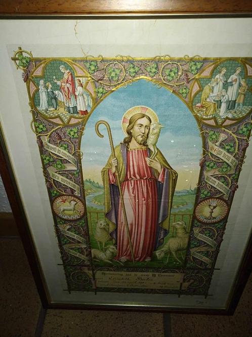 2 Kaders met prent. Eerste communie. 120 jaar oud, Antiek en Kunst, Antiek | Religieuze voorwerpen, Ophalen of Verzenden