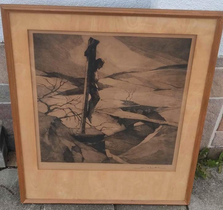 Gravure le calvaire signe Camille Barthélémy, Antiquités & Art, Art | Eaux-fortes & Gravures, Enlèvement