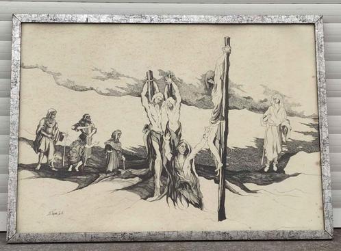 Dessin crucifixion signe frigara, Antiek en Kunst, Kunst | Tekeningen en Fotografie, Ophalen of Verzenden