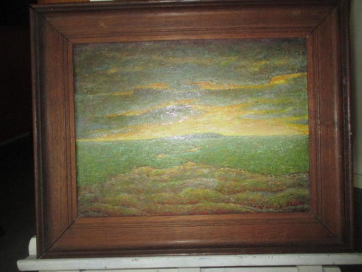 Schilderij van landschap in bruin kader, Antiek en Kunst, Kunst | Schilderijen | Klassiek, Ophalen of Verzenden