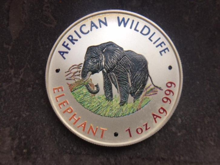 2000 Zambia - Elephant - 1 oz coloured silver, Postzegels en Munten, Edelmetalen en Baren, Zilver, Ophalen of Verzenden