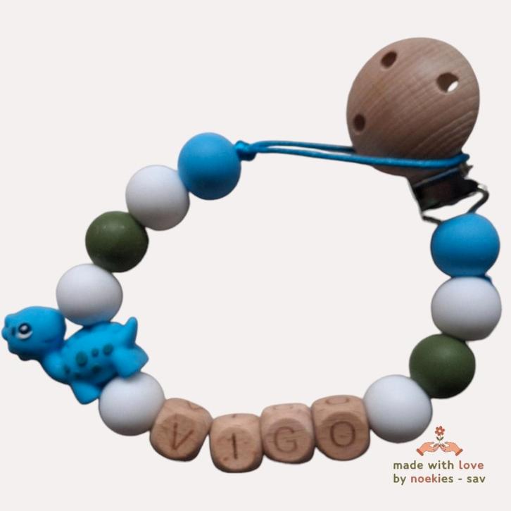 noekies naam speenkoord dino blauw khaki wit, Kinderen en Baby's, Speelgoed | Babyspeelgoed, Nieuw, Overige typen, Verzenden