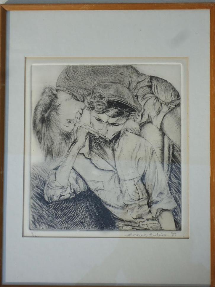 Sabine BULCKE Oostende ets droge naald 1985 Harmonica speler, Antiek en Kunst, Kunst | Etsen en Gravures, Ophalen of Verzenden