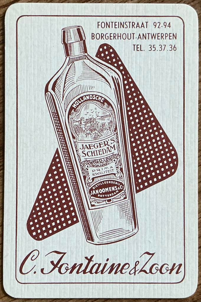 Speelkaart JAEGER’S SCHIEDAM/C.FONTAINE & ZOON/ANTWERPEN, Ophalen of Verzenden, Zo goed als nieuw, Speelkaart(en)