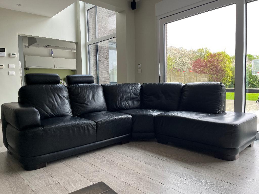 Zwarte leren zetel in hoek, Ophalen, Gebruikt, Overige maten, Hoekbank