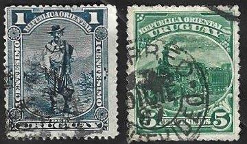 2 Postzegel Uruguay 1897 Diverse onderwerpen, Ophalen of Verzenden, Gestempeld, Zuid-Amerika