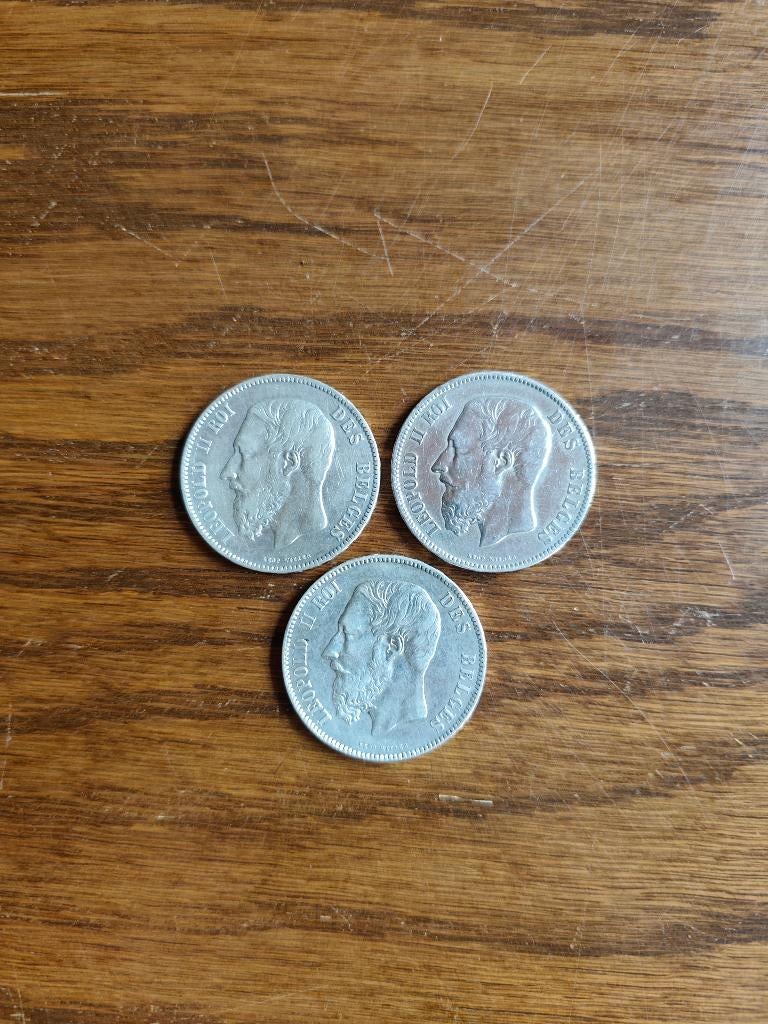 Lot 3 pièces de 5 francs Léopold II en Argent, Timbres & Monnaies, Monnaies | Europe | Monnaies non-euro, Enlèvement ou Envoi