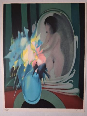 Sensuele litho Alfred Defossez Naakte vrouw en bloemenvazen beschikbaar voor biedingen