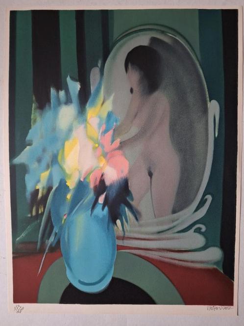 Sensuele litho Alfred Defossez Naakte vrouw en bloemenvazen, Antiek en Kunst, Kunst | Litho's en Zeefdrukken, Ophalen of Verzenden