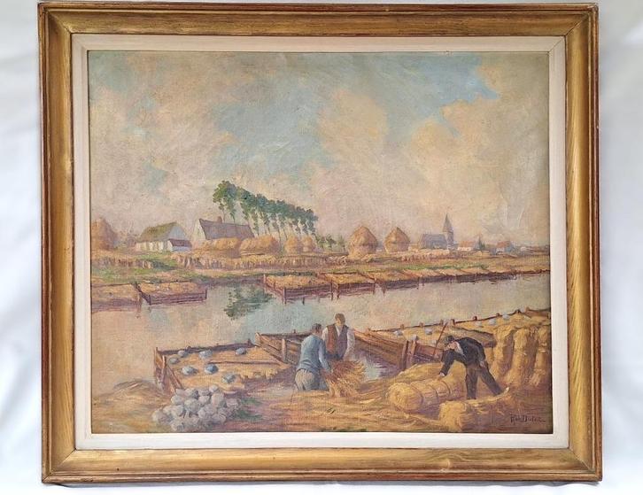 Landschap met vlasboeren – olieverf op doek – Rob Dutoit, Antiek en Kunst, Kunst | Schilderijen | Klassiek, Ophalen