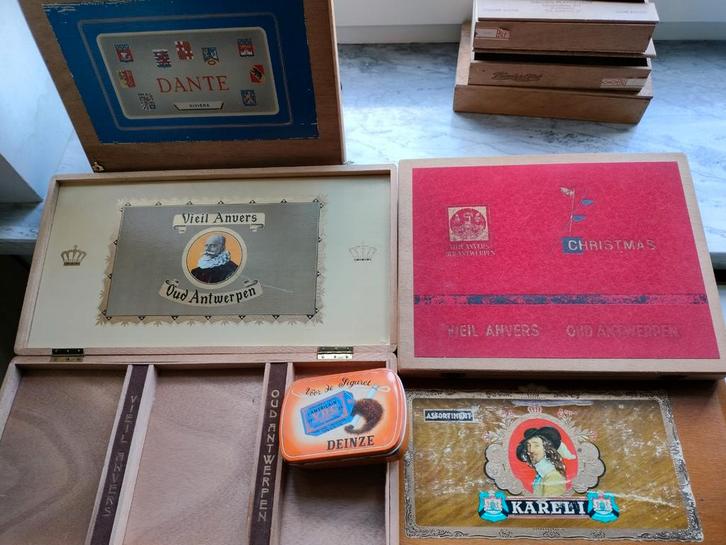 Vieil Anvers Oud Antwerpen; VDC tabac- en sigarenkistjes e.a, Verzamelen, Rookartikelen, Aanstekers en Luciferdoosjes, Gebruikt