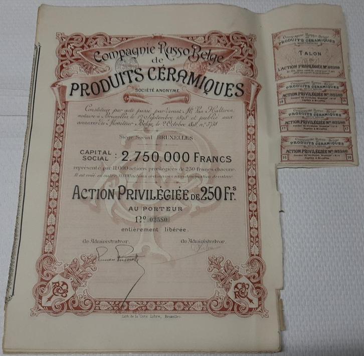 10 x Russisch-Belgisch bedrijf voor keramische producten S.A, Postzegels en Munten, Aandelen en Waardepapieren, Aandeel, Voor 1920