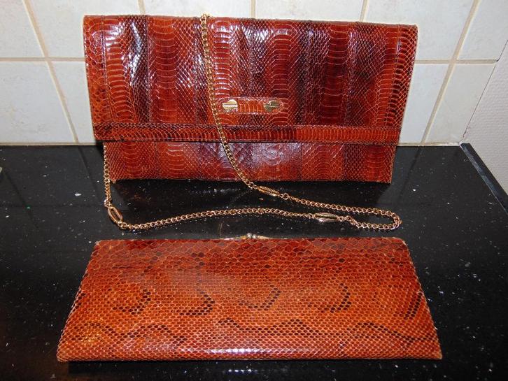 Vintage handtas en clutch in slang Luis Esteve, Handtassen en Accessoires, Tassen | Damestassen, Gebruikt, Handtas, Bruin, Ophalen of Verzenden