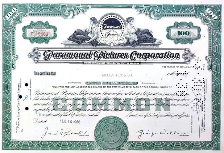 Origineel Paramount Pictures aandeel uit 1966, Postzegels en Munten, Aandelen en Waardepapieren, Certificaat van aandeel, 1950 tot 1970