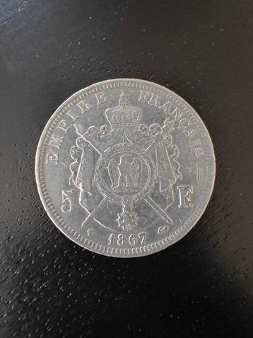 Napoleon III bb  5f zilver munt 1867 perfecte staat 
