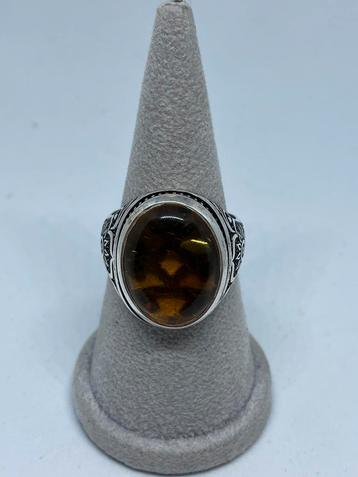 Prachtige zilveren ring met Amber / Barsteen maat 24 disponible aux enchères