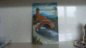 ancienne peinture à l'huile sur bois, signé beschikbaar voor biedingen