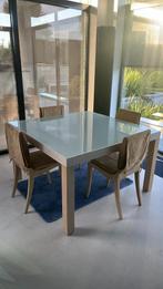 Mooie design tafel met 4 stoelen, Huis en Inrichting, Ophalen, Glas, Vierkant, Zo goed als nieuw