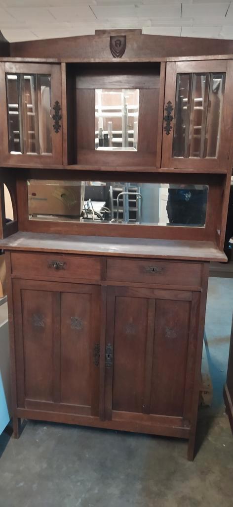 Oude houten kast: spiegels en glasraam. Bestaat uit 2 delen, Maison & Meubles, Armoires | Buffets, Verre, Enlèvement