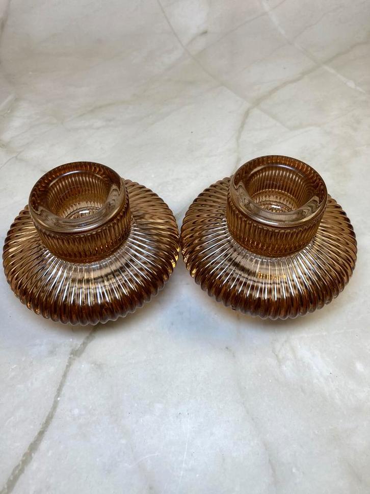 Bougeoirs  verre ambré pour bougies coniques et chauffe-plat, Huis en Inrichting, Woonaccessoires | Kandelaars en Kaarsen, Ophalen of Verzenden