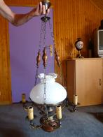 Massieve luchter met koper en hout., Huis en Inrichting, Lampen | Kroonluchters, Ophalen, Nieuw, Glas, Rustiek