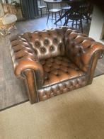 Fraaie Originele Chesterfield Fauteuil Leder Kleur Cognac, Gebruikt, Vintage, Ophalen of Verzenden, Hout