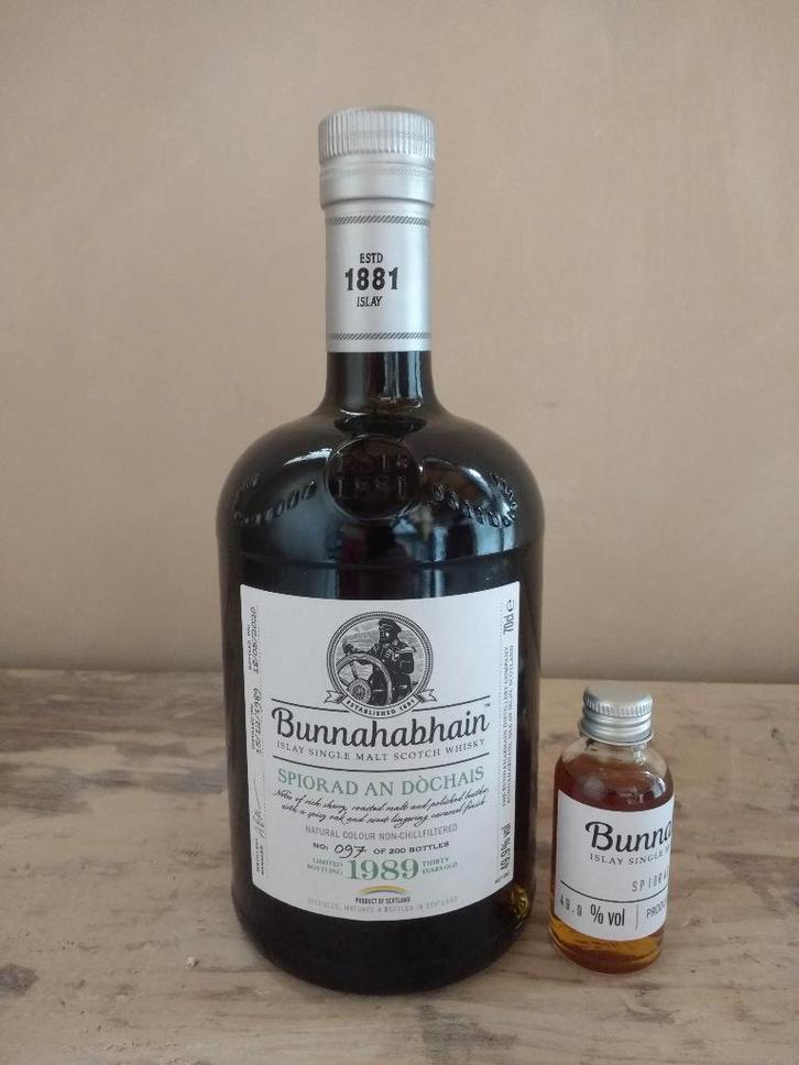 Whisky: Bunnahabhain 1989 Spiorad An Dochais 30 Y + sample, Verzamelen, Wijnen, Ophalen of Verzenden