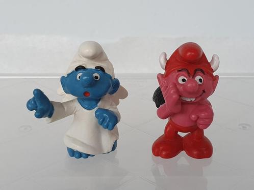 Lot van 2 Smurfen duivel en engel (Schleich, Peyo, 1984), Verzamelen, Smurfen, Gebruikt, Poppetje, Figuurtje of Knuffel, Verschillende Smurfen