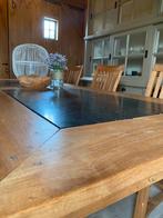Mooie tafel 1m/2,4m in oude teak met natuursteen - 6 stoelen, 200 cm of meer, Landelijk Rustiek, 100 tot 150 cm, Overige materialen