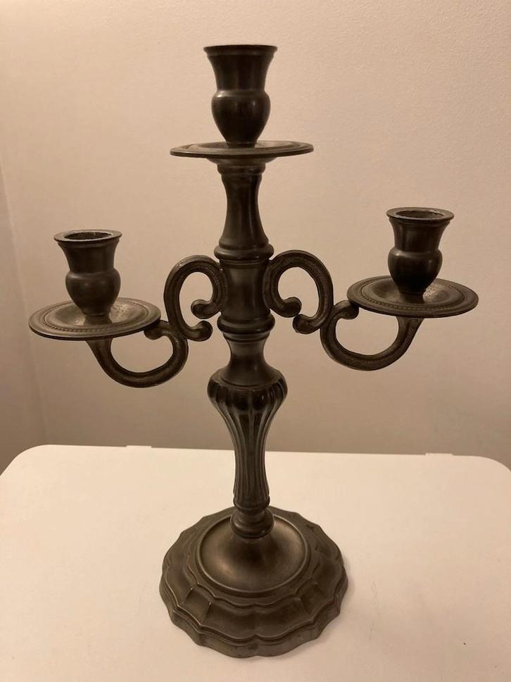 Antieke tinnen 3-armige kandelaar – 95% tin – klassiek model, Antiek en Kunst, Antiek | Tin, Ophalen of Verzenden