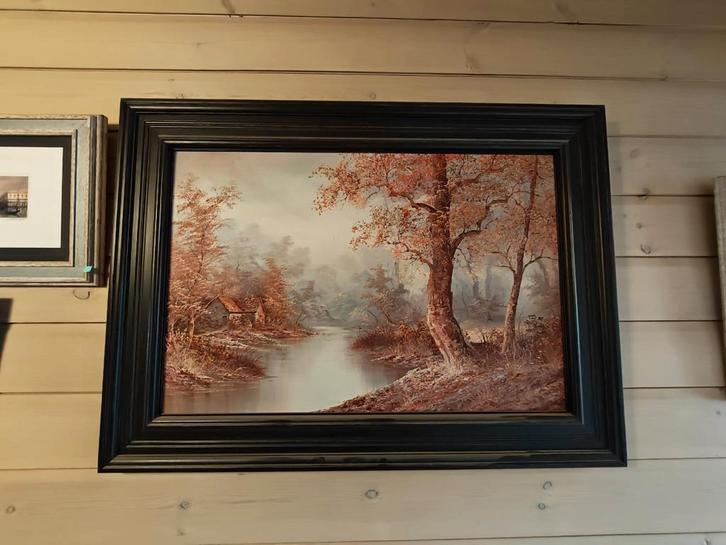 Herfstlandschapsschilderij — grote olieverf op doek ingelijs, Antiek en Kunst, Kunst | Schilderijen | Klassiek, Ophalen