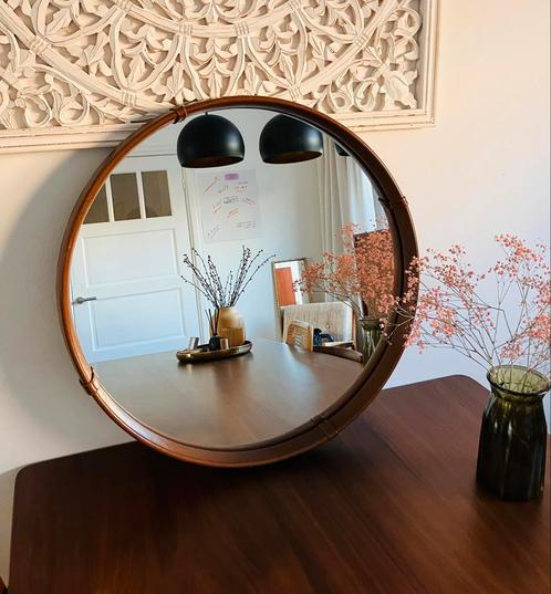 Mooie ronde leren vintage spiegel, Huis en Inrichting, Woonaccessoires | Spiegels, Zo goed als nieuw, 75 tot 100 cm, 100 tot 150 cm