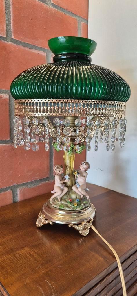 “Prachtige vintage tafellamp in barokstijl met groene glazen, Antiek en Kunst, Antiek | Verlichting, Ophalen of Verzenden