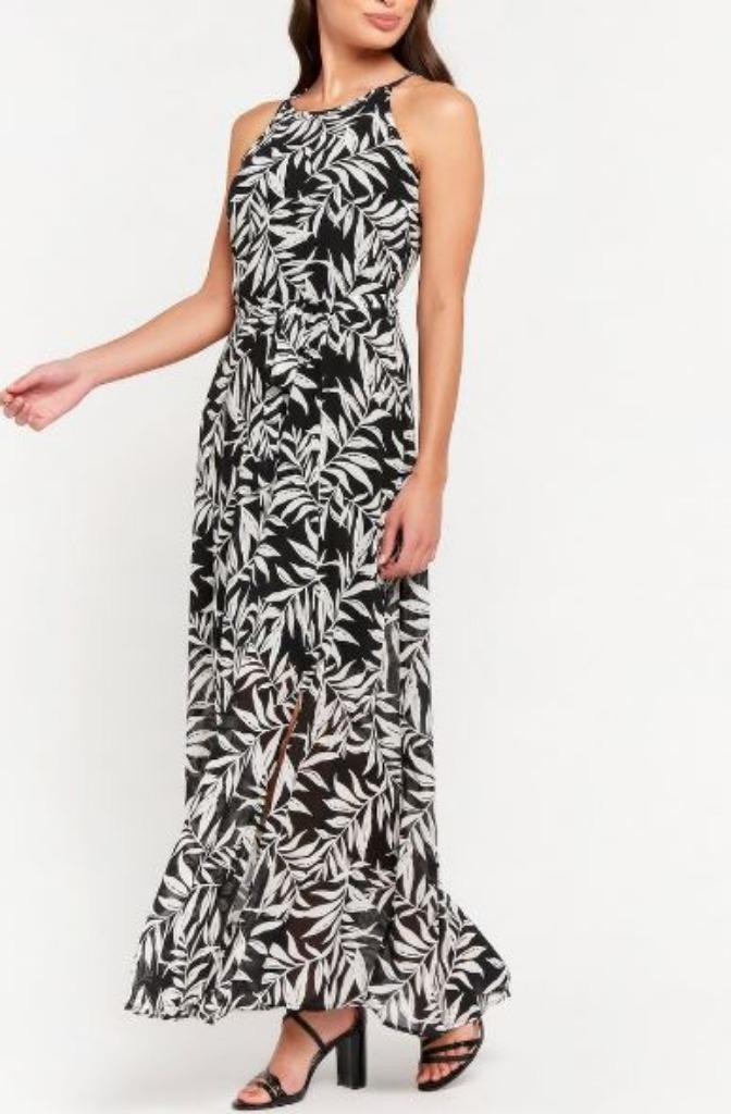 Lange jurk zwart met witte bladeren Lola Liza XS of 34, Kleding | Dames, Jurken, Nieuw, Maat 34 (XS) of kleiner, Zwart, Onder de knie