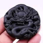 Antieke Chinese Draken amulet in gitzwarte Obsidiaan 53x53mm, Verzenden