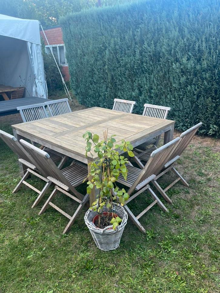 Prachtige tuinset in teak, vierkante tafel met plooistoelen, Tuin en Terras, Tuinsets en Loungesets, Zo goed als nieuw, Tuinset
