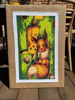 Pikachu en Evee Pokemon XXL handgeborduurd op jute en hout, Ophalen of Verzenden, Nieuw