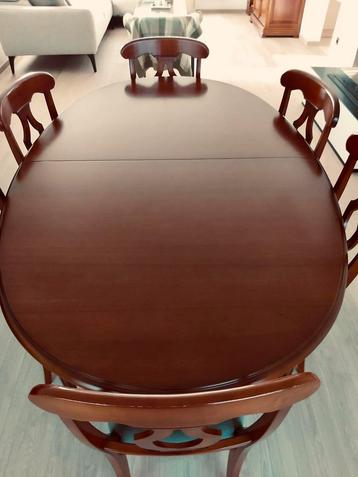 Uitschuifbare eettafel met 6 stoelen in kerselaar hout, Enlèvement, Comme neuf, 4 à 6 chaises