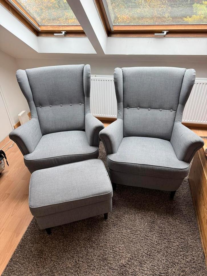 Fauteuils avec repose-pieds IKEA strandmon, gris foncé, Huis en Inrichting, Fauteuils, Gebruikt, Hout, Stof, 50 tot 75 cm, 100 tot 125 cm