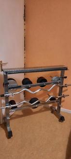 A vendre Support haltères + Barres + Haltères, Enlèvement, Comme neuf, Pectoraux, Barre d'haltères