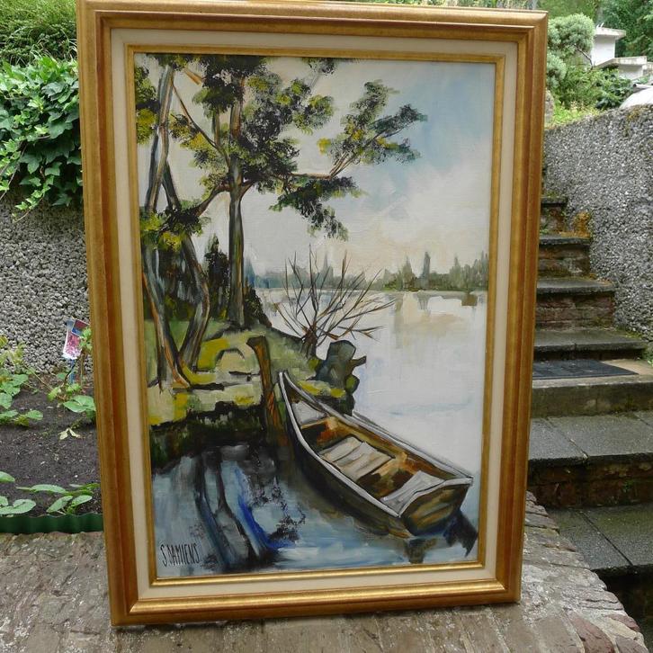 HST  la barque de l Etang SERGE DAMIENS, Antiek en Kunst, Kunst | Schilderijen | Modern, Ophalen of Verzenden