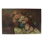 Groot Bloemen Stilleven Schilderij Rozen Boeket Gesigneerd R, Ophalen of Verzenden