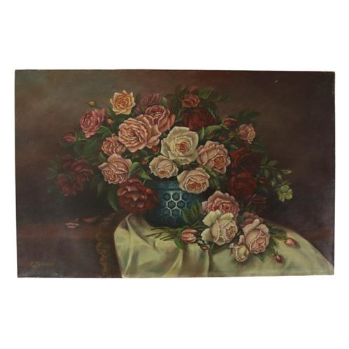 Groot Bloemen Stilleven Schilderij Rozen Boeket Gesigneerd R, Antiek en Kunst, Kunst | Schilderijen | Klassiek, Ophalen of Verzenden